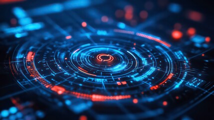 Abstract digital interface with glowing circular patterns and data visualization elements.