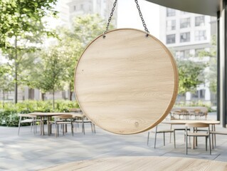 Create a minimalist mockup of a round hanging signboard for outdoor spaces