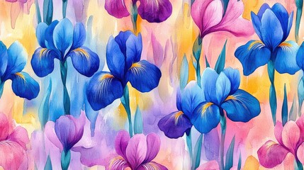 Watercolor iris flowers in a seamless spring pattern vibrant floral illustration for textile design home decor