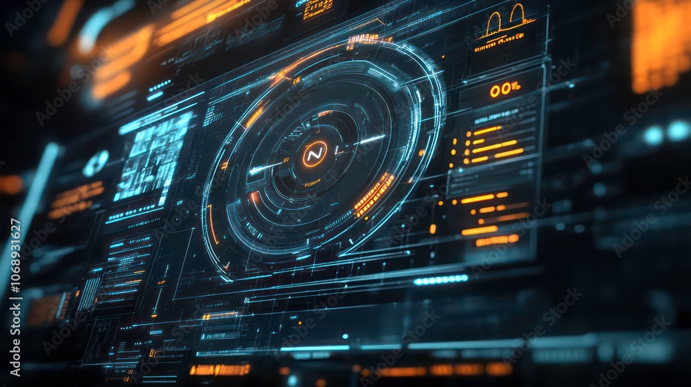 Poster An advanced user interface of a futuristic computer interface with a target pointer and digital text number element in a shallow depth of field and grainy texture for a cyber technology concept