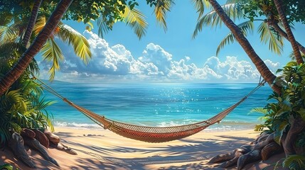 Naklejka premium A hammock sways between two palm trees on a pristine beach. Clear blue water stretches out to the horizon, and the sound of gentle waves creates a peaceful, relaxing atmosphere