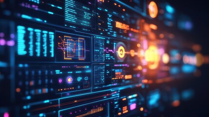 Hightech control panel showing energy levels, engineer monitoring data in realtime, dark background, glowing lights, sharp focus