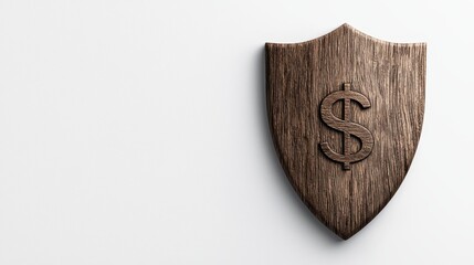 Textured shield featuring dollar engraving symbolizing wealth and security isolated on white background