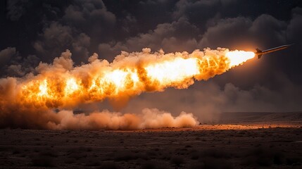 Rocket Launch Against Dark Sky with Fiery Trail