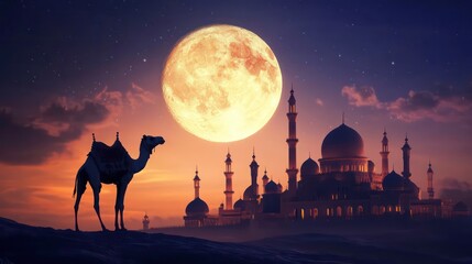 Obraz premium A silhouetted camel against a large moon and a majestic mosque at twilight.