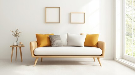 Fototapeta premium Create a minimalist mockup featuring a stylish sofa with custom print cushions in a modern frame
