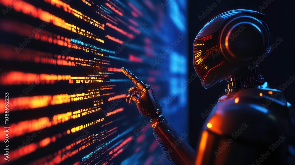 Poster A futuristic robot interacts with a digital display of code.