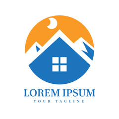 Cozy Cabin with Moon and Mountain Silhouette Perfect for Real Estate, Travel, Hospitality, and Nature Brand Identity