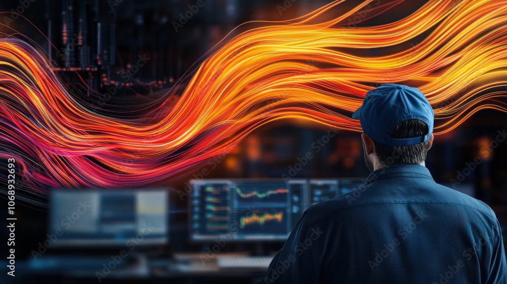 Poster person observing holographic data visualization on computer screen, with vibrant, flowing colors rep