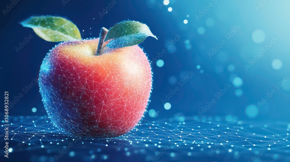 Poster A stylized apple with a digital network effect against a dark background.