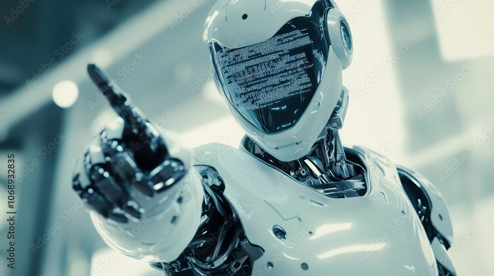 Aufkleber An android robot pointing to the screen with a finger gesture. Computer coding AI chatbot in a futuristic technology stock image. Computer programming knowledge concept.