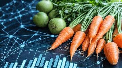 Abstract bar chart with food price labels on produce section background