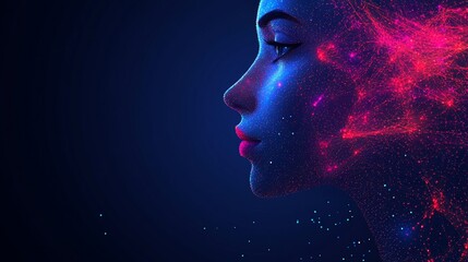 Obraz premium A digital art image of a woman's profile with glowing pink and blue particles.