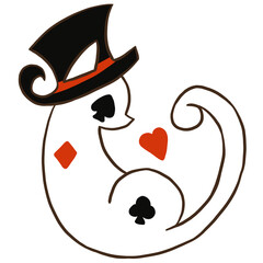 Magician cat wear a hat with heart, spade, diamond and club, Tattoo cat art design minimal.