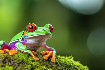 Closeup frog eye, vibrant colors, moist skin texture, tropical rainforest