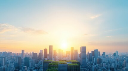 Fototapeta premium City skyline featuring carbonneutral skyscrapers, green terraces, solar windows, sunset tones, blending architecture with nature