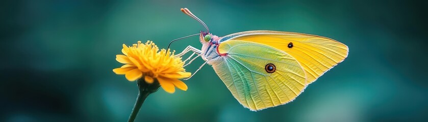 Fototapeta premium Butterfly on flower, vibrant macro, detailed wing textures, lush green backdrop