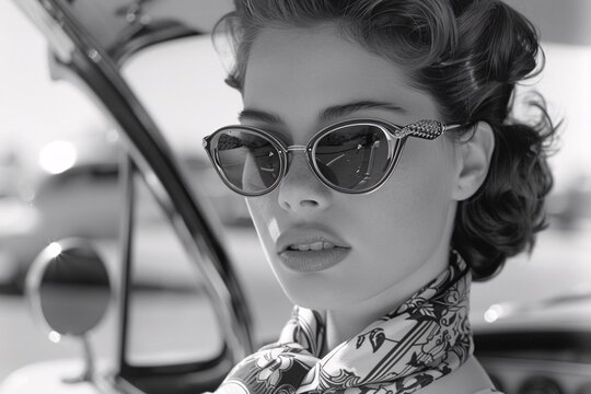 A young woman showcases her vintage sunglasses and scarf while leaning against a classic car. The sun shines brightly, highlighting her poised demeanor and retro fashion