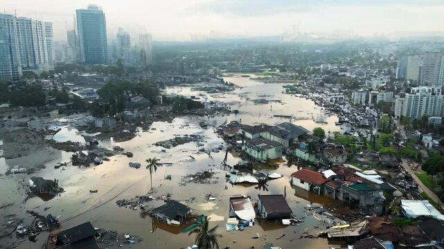 Soaring above the city reveals widespread destruction from harsh flooding and hurricane winds. Buildings are submerged while rescue efforts continue amidst the chaos and damage.