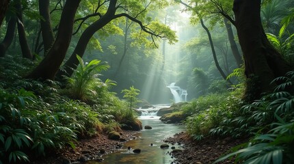 Obraz premium Floresta tropical pluvial, raios solares entrando na selva.