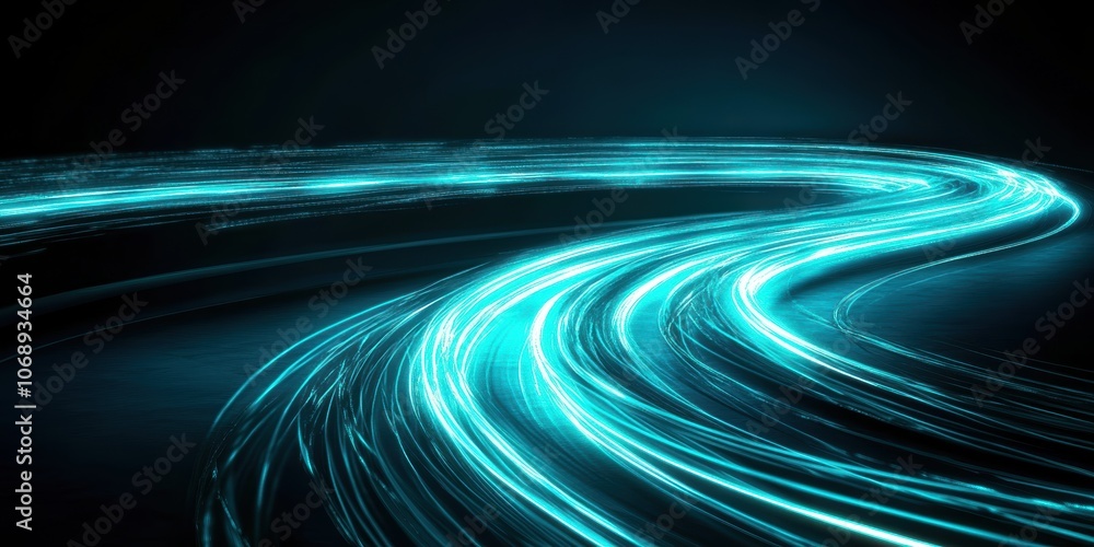 Poster explore a mesmerizing scene of flowing illuminated curves in vibrant turquoise. this abstract repres