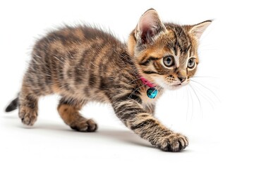 Obraz premium Playful Tabby Kitten Running on White Background