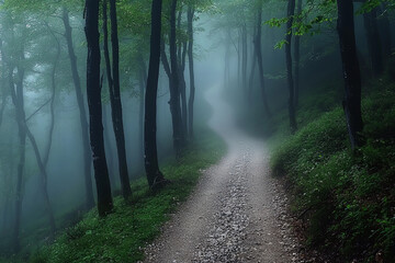 Obraz premium Misty forest path winding through dense trees during early morning