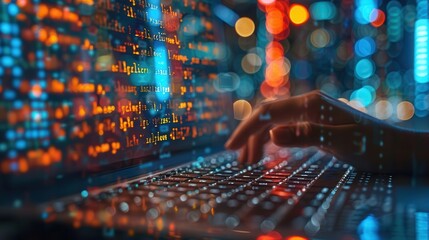 Glowing Code on Laptop with Blurred City Background