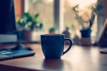 Close up of a blue mug on a wooden desk with a laptop and potted plants in the background