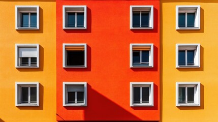 Fototapeta premium A vibrant facade featuring colorful walls and windows in a modern architectural design.