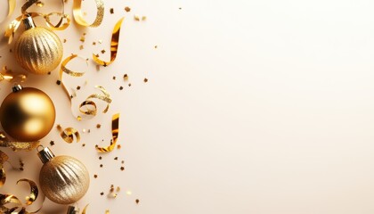 Fototapeta premium A delightful arrangement of golden Christmas ornaments and shimmering ribbons designed to enhance festive celebrations, creating a warm, inviting atmosphere for holiday gatherings.