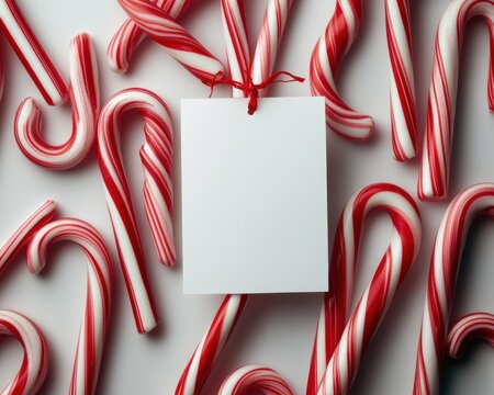 A delightful arrangement of red and white candy canes surrounds a blank tag, perfect for holiday gifting or festive displays. Sweet treats evoke joyful holiday memories.