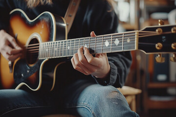 Acoustic guitarist playing in a cozy indoor setting during the day