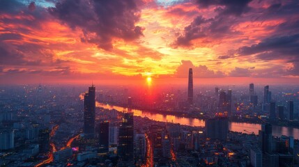 Obraz premium Vibrant sunset over a modern city skyline with a river winding through it.