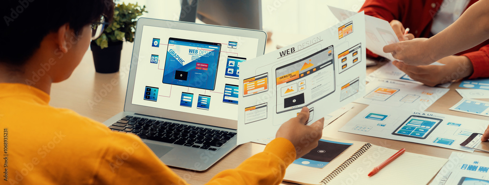 Poster panorama banner of startup ux developer or company employee design user interface or ui prototype fo
