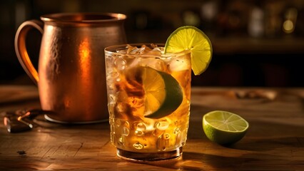 Moscow Mule Cocktail on the Bar Counter: Classic Vodka Drink with Ginger Beer and Lime
