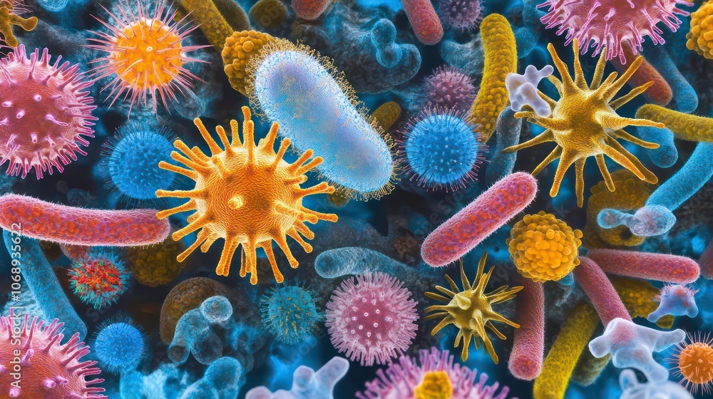 Poster a colorful microscopic view of various bacteria and viruses.