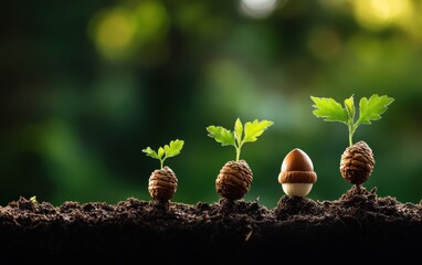 This captivating image showcases the growth journey of seedlings surrounded by acorns, symbolizing nature?s resilience and the beauty of life emerging from fertile soil.