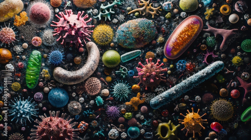 Poster an assortment of viruses, bacteria, and microbes is collected on a background of microorganisms of d