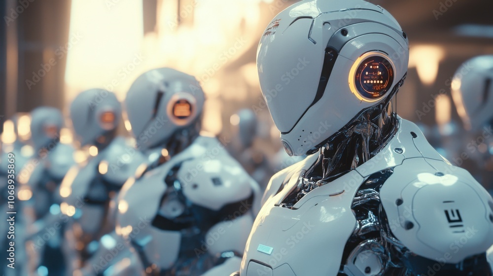 Poster ai-powered robots managing complex tasks in a high-tech production facility