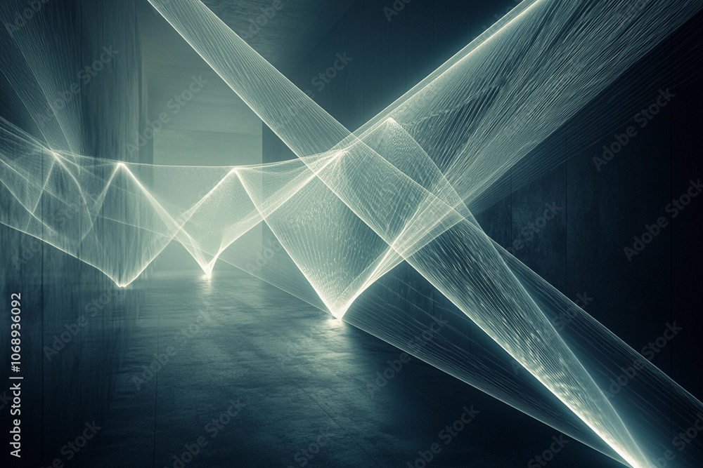 Poster light installation casts dynamic patterns in dark corridor