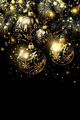golden shiny Christmas decorations balls on black background, magic shiny holiday card with copy space, sparkling effect pattern