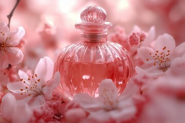 Elegant Pink Perfume Bottle Surrounded by Flowers