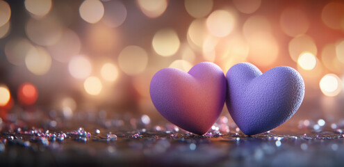 Fototapeta premium 3D purple and pink hearts on a blurred background with bokeh lights, a romantic love concept for a Valentine's Day celebration. 