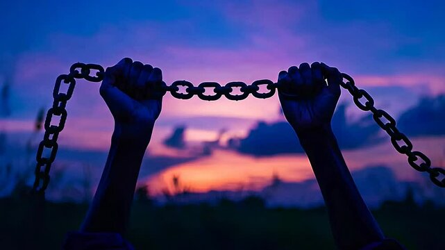 In a powerful display, a man raises heavy chains against a breathtaking sunset. This striking moment captures themes of freedom and the struggle against inequality, evoking deep emotions.