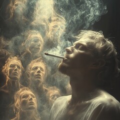 Obraz premium Portrait of Contemplation with Smoke and Faces