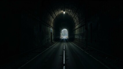 Dark road tunnel with small light at the end, dramatic shadows and narrow passage creating tense...