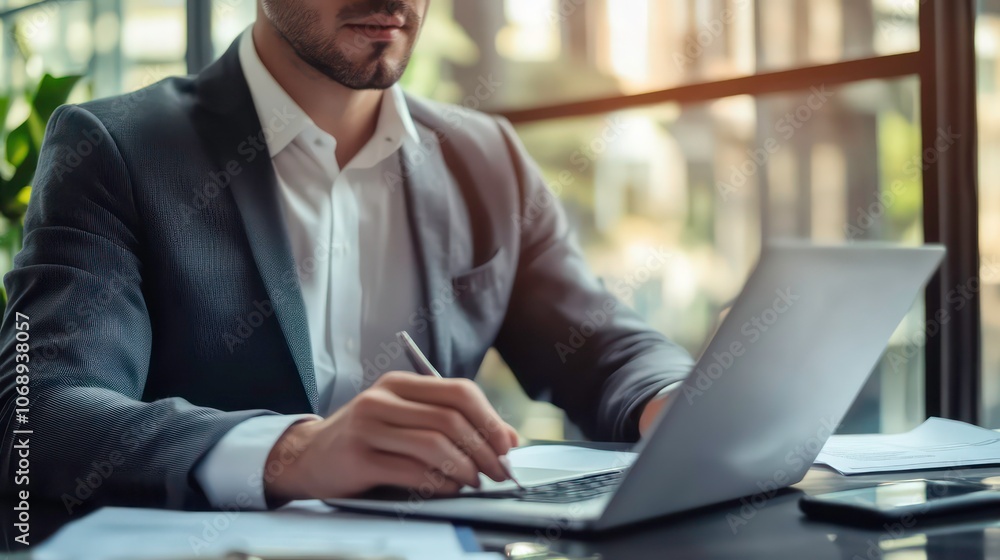 Poster A man in a suit working on a laptop, taking notes in a modern office setting.