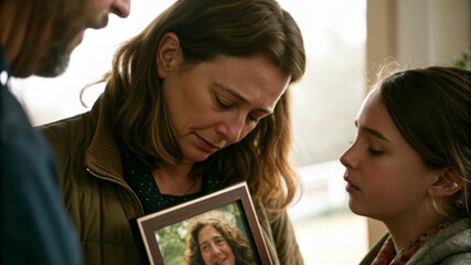Close-up of grieving family member holding photo of deceased, emotional expression and soft lighting