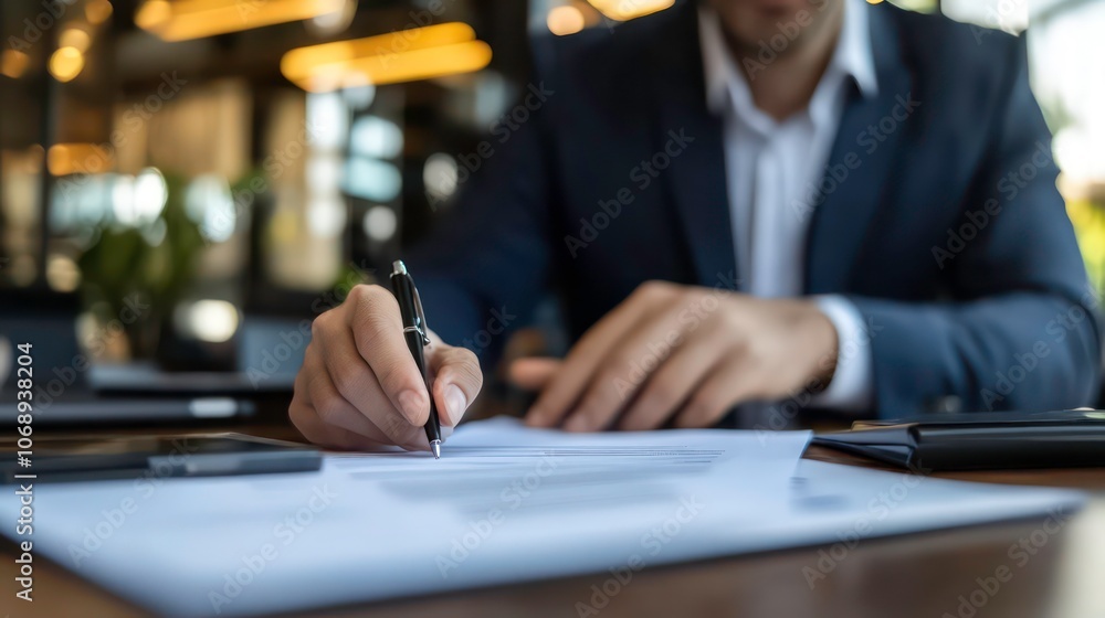 Poster a person in a suit writes on documents in a professional office setting.